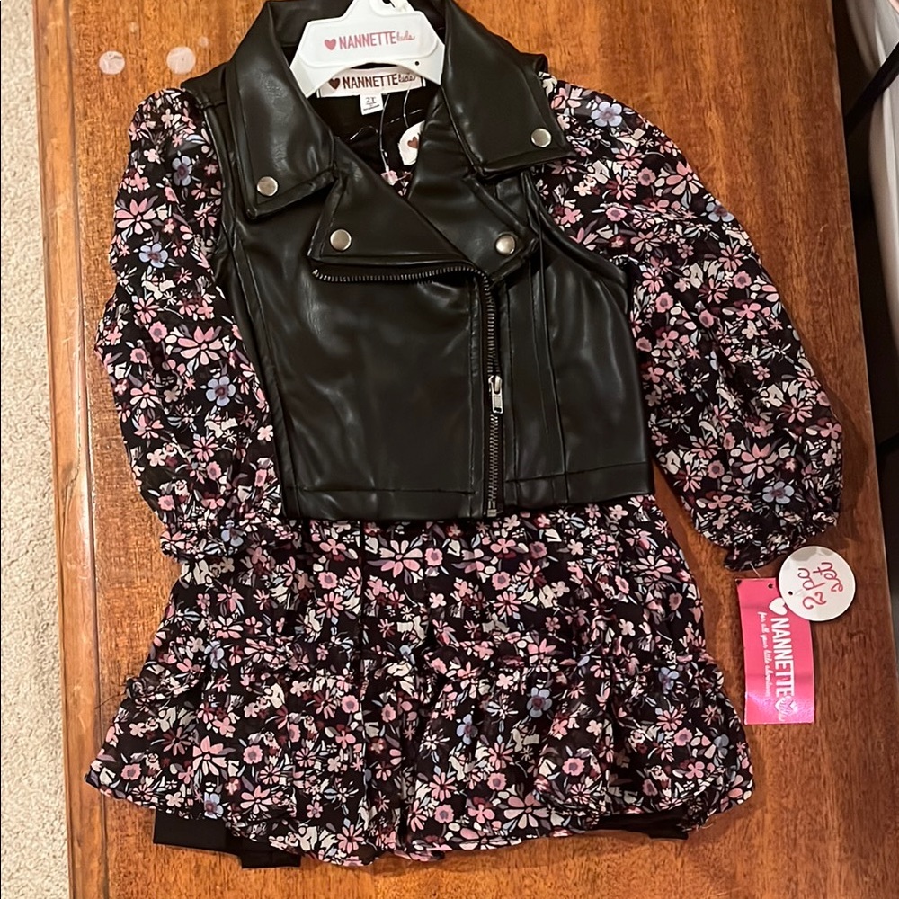 Floral Dress with Black Vegan Leather Vest